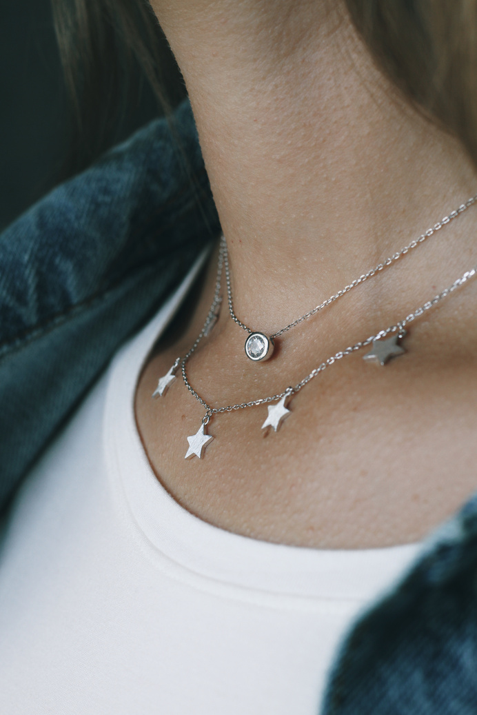 Tender jewerly on female neck, close up shot